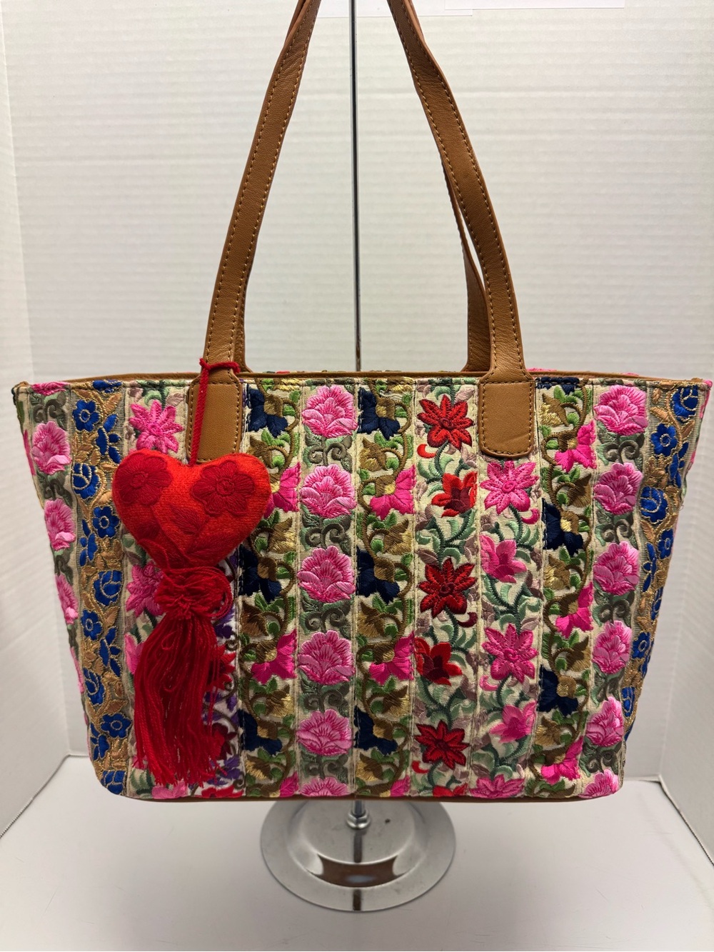 Clever Carriage Victorian Embroidered Ribbon Genuine Leather Tote